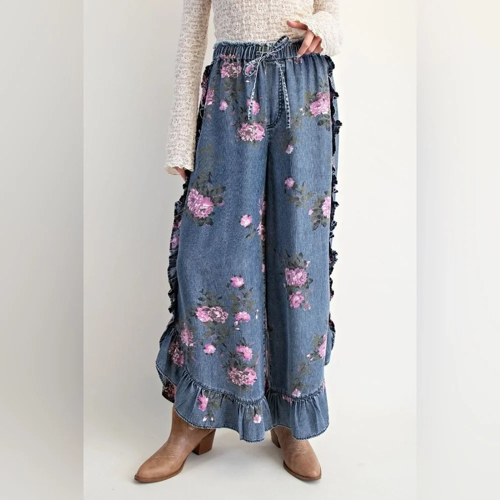 Easel Blue Floral Tencel Cropped Pants with Ruffle Hem - Picture 1 of 3